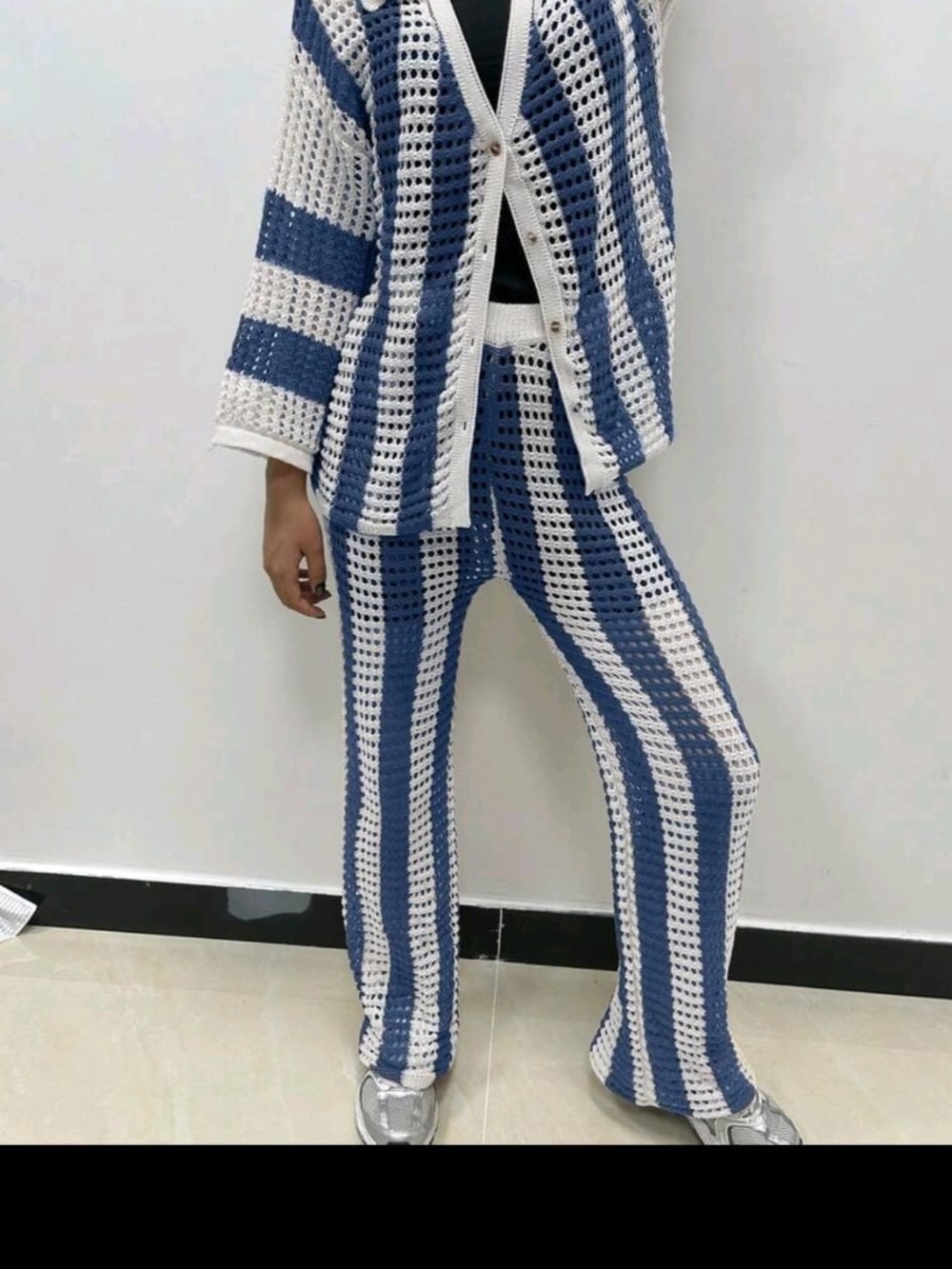 Striped Blue & White Crochet Wide-Leg Pants Set